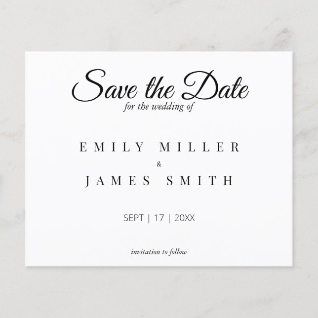 Einfache White Save the Date Budget Hochzeit (Vorderseite)