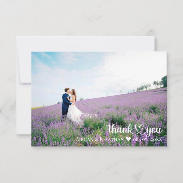 Einfache White Script (Herz) Hochzeitsschrift Foto Dankeskarte (Vorderseite)