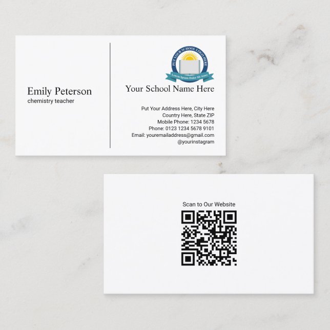 Einfache White Teacher mit Schullogo und QR-Code Visitenkarte (Vorne/Hinten)