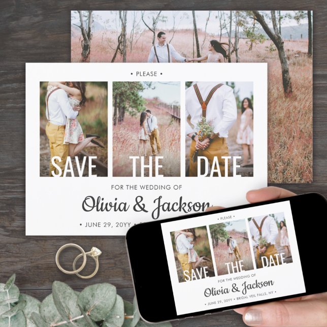 Einfache White Typografy Overlay Vier-Foto-Hochzei Save The Date (Von Creator hochgeladen)