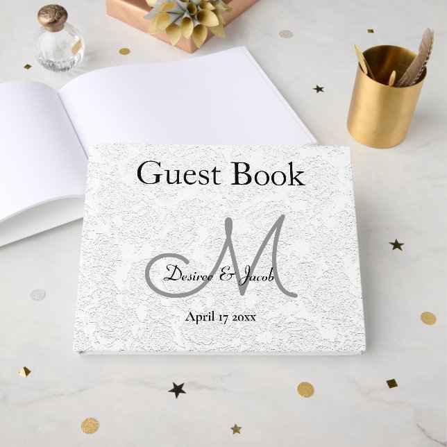 Einfache Whitegraue Hochzeitsempfangsmonogramm Gästebuch (Vorderseite Offen)