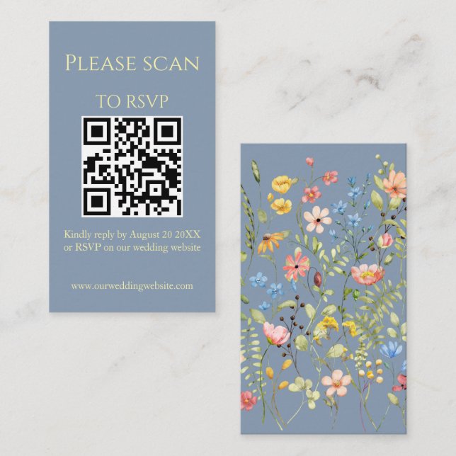 Einfache Wildblume Blue QR Code & UAWG Wedding Begleitkarte (Vorne/Hinten)