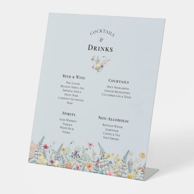 Einfache Wildblume Dusty Blue Wedding Drinks Menü Sockelschild (Vorderseite)