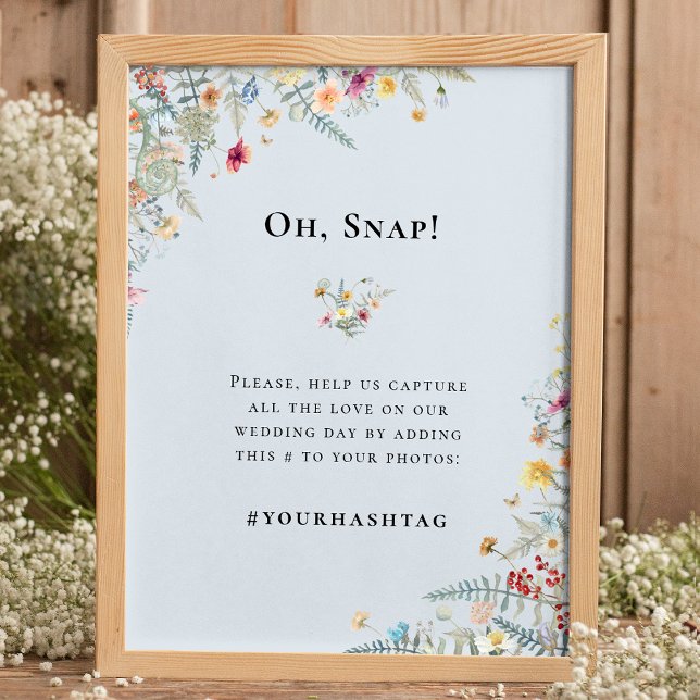 Einfache Wildblume Fern Dusty Blue Wedding Hashtag Poster (Von Creator hochgeladen)