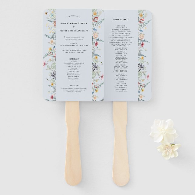 Einfache Wildblume Fern Dusty Blue Wedding Program Fächer (Vorne und Hinten)
