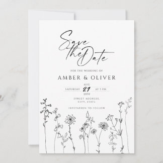 Einfache Wildblume Lineart Save the Date Einladung
