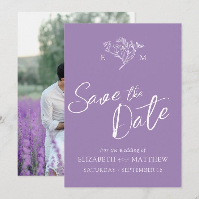 Einfache Wildblume Monogramm zeichnend lila Foto Save The Date (Vorne/Hinten)