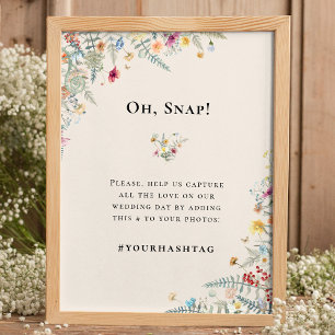 Einfache Wildblumen-Farn-Beige-Hochzeit-Hashtag Poster