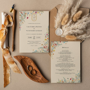 Einfache Wildblumen-Hochzeitsmonogramm-Details und Einladung