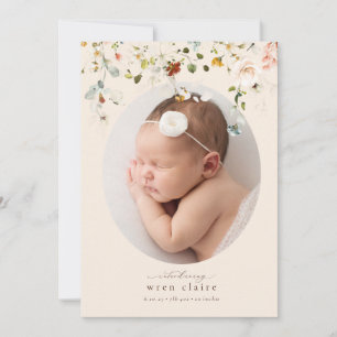 Einfache Wildblumen Oval Foto Geburtsankündigung Einladung