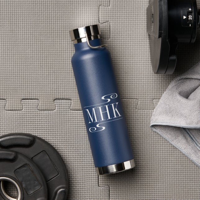 Einfache Wirbel Monogramm-Initialen weiß Trinkflasche (Fitnessstudio (gedreht))