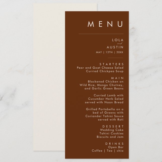 einfache Wüste | Dark Cinnamon Wedding Dinner Menu Menükarte (Vorne/Hinten)