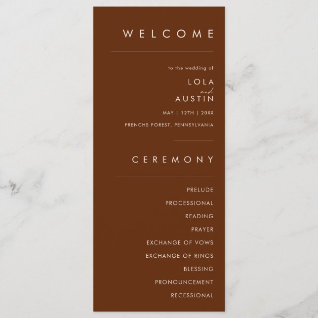 einfache Wüste | Dark Cinnamon Wedding Program Programm (Vorderseite)