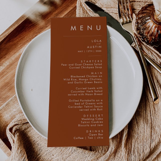 einfache Wüste | Terracotta Wedding Dinner Menu Menükarte (Von Creator hochgeladen)
