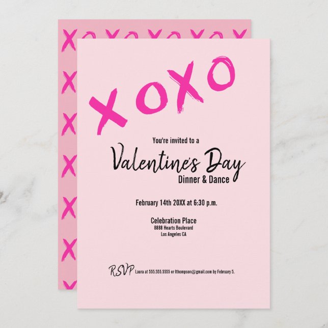 Einfache XOXO rosa Valentines Abendessen und Einladung (Vorne/Hinten)