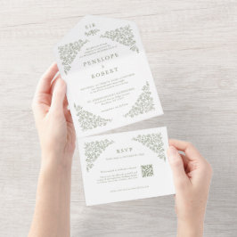 Einfache, zarte Floral QR Code Sage Green Wedding All In One Einladung