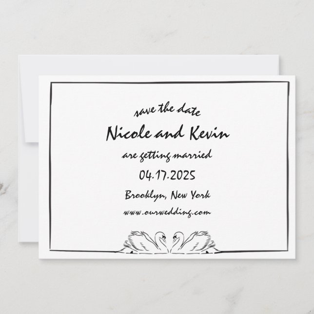 Einfache zeitlose, handgeschriebene Swan-Illustrat Save The Date (Vorderseite)
