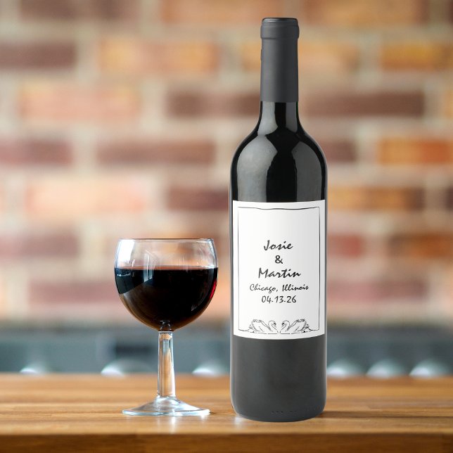 Einfache zeitlose handgeschriebene Swan Wedding Cu Weinetikett (Classic wine label with elegant swans for a romantic wedding. Timeless design with French charm.)