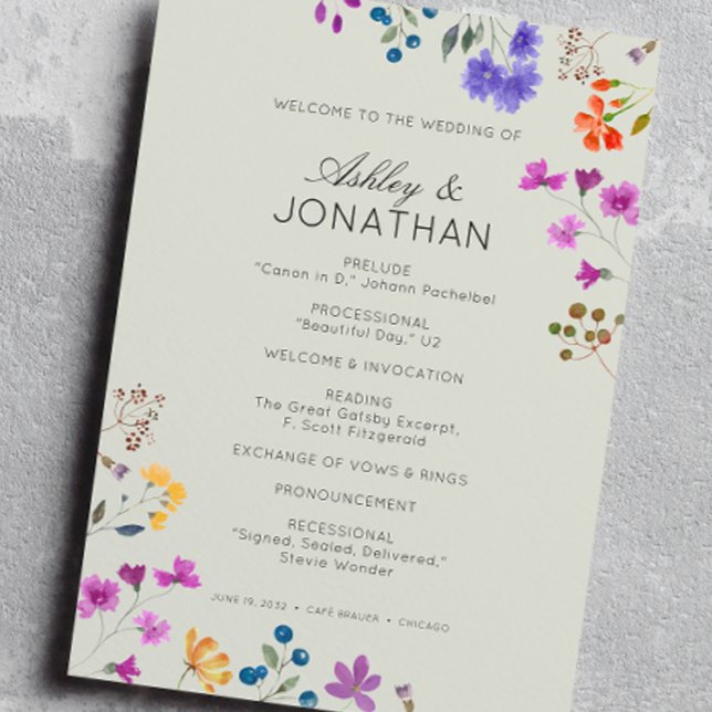 Einfache, zeitlose Wildblume Sage Green Wedding Programm (Von Creator hochgeladen)