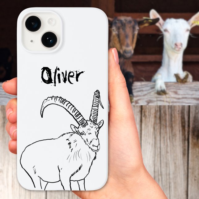 Einfache Ziegenzeichnung Schwarz-Weiß-Name Case-Mate iPhone Hülle (Funny goat illustration black and white quirky farm animal with custom name phone case)