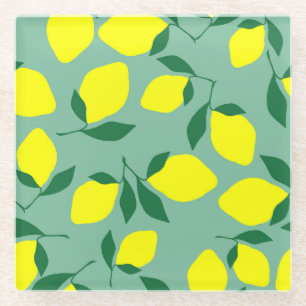 Einfache Zitrone, grüne Hintergrunddrucke. Glasuntersetzer