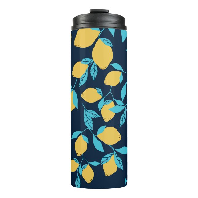 Einfache Zitrusfrüchte: Zitronen auf blau. Thermosbecher (Vorderseite)