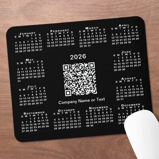 Einfacher 2026-Kalender-Geschäfts-QR-Code auf Schw Mousepad (Simple 2026 Calendar Business QR Code on Black Mouse Pad, in situ)