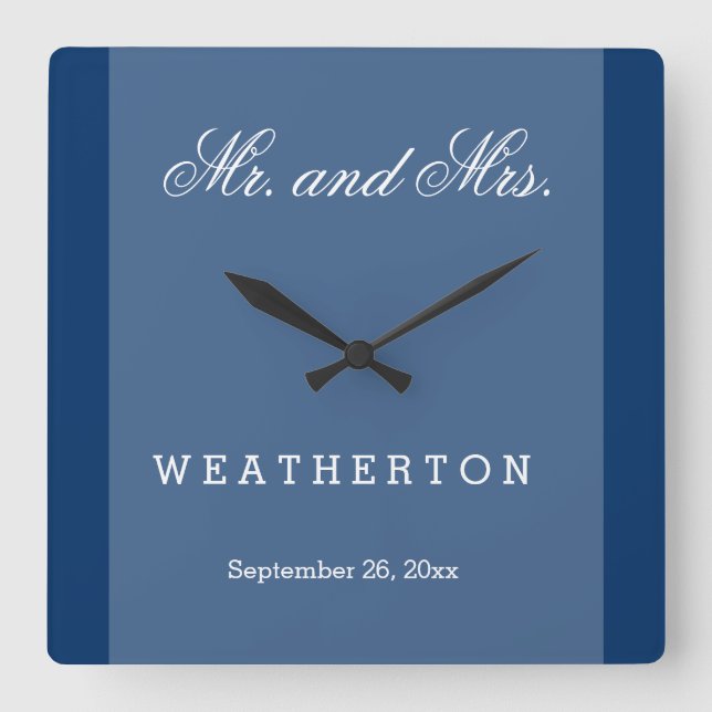 Einfacher Art-Herr und Frau Wedding Names und Quadratische Wanduhr (Vorderseite)