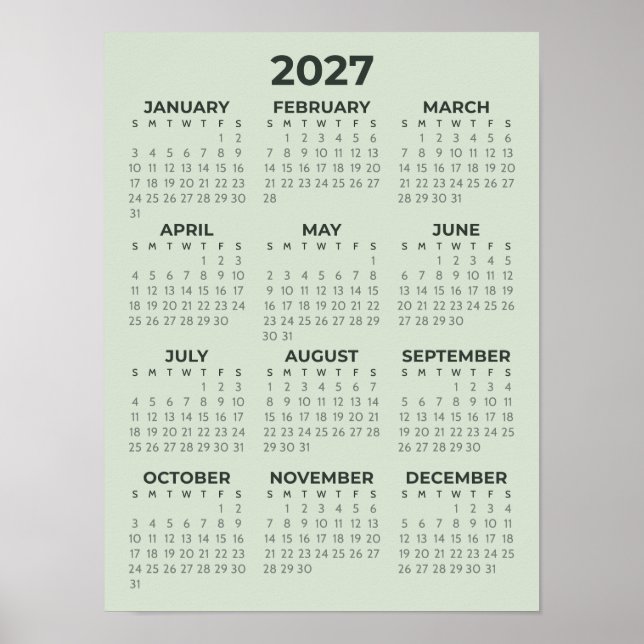 Einfacher Basis-Salbei-Grün-2027-Kalender Poster (Vorne)