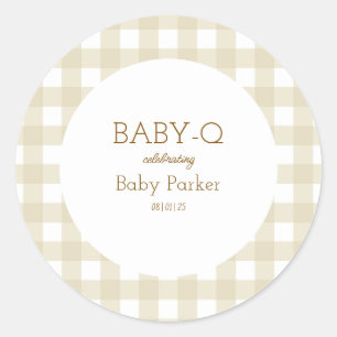 Einfacher beiger Gingham-Baby-Shower-Aufkleber Runder Aufkleber