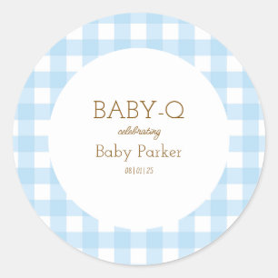 Einfacher blauer Gingham-Babyshower-Aufkleber Runder Aufkleber