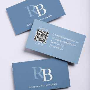 Einfacher blauer Monogramm-QR-Code Kontaktieren Visitenkarte