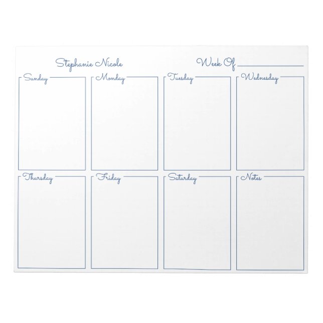 Einfacher Blue Thin Border Name Weekly Planner Notizblock (Vorderseite)