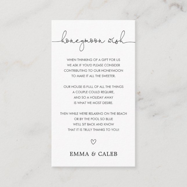 Einfacher Calligraphy Honeymoon Wish Fund Begleitkarte (Vorderseite)
