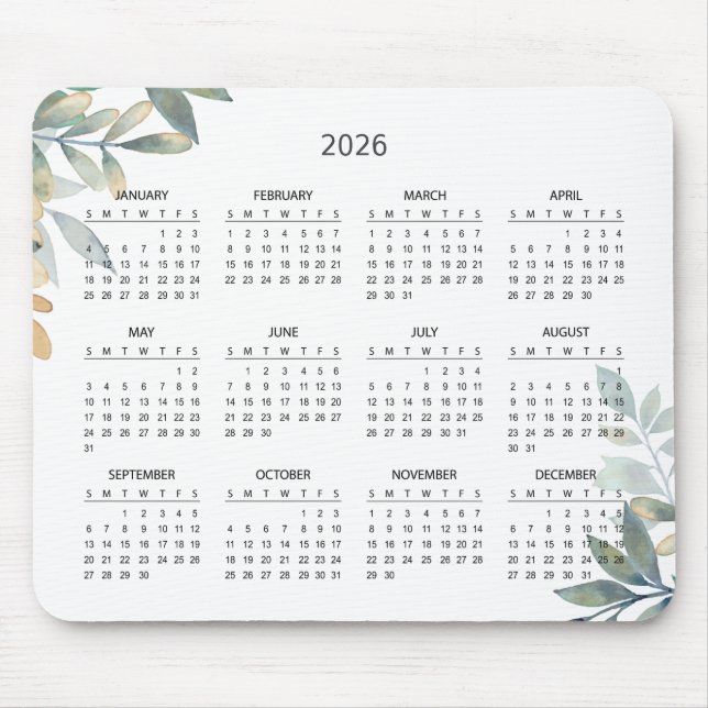 Einfacher Eleganter Botanischer 2026 Kalender | Ma Mousepad (Vorne)