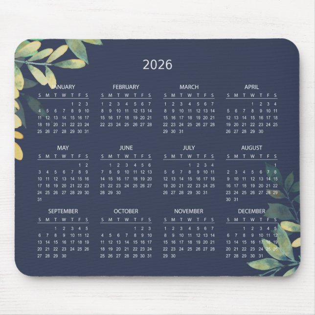 Einfacher eleganter botanischer Kalender 2026 | Ma Mousepad (Vorne)