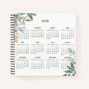 Einfacher eleganter botanischer Kalender 2026 Notizbuch