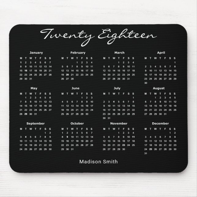 Einfacher eleganter Kalender des Schwarz-2018 Mousepad (Vorne)