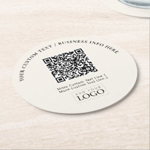 Einfacher Elfenbein-Geschäftslogo-QR-Code Werbeart Runder Pappuntersetzer