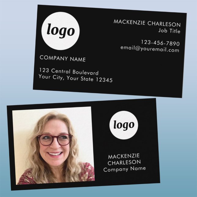 Einfacher Foto-Logo-Text-QR-Code Schwarz Visitenkarte (Simple logo with custom text and QR code business branding promotional photo business card)