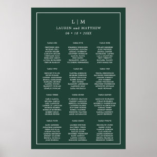 Einfacher Hochzeits-Sitzplan mit Waldgrün-Monogram Poster