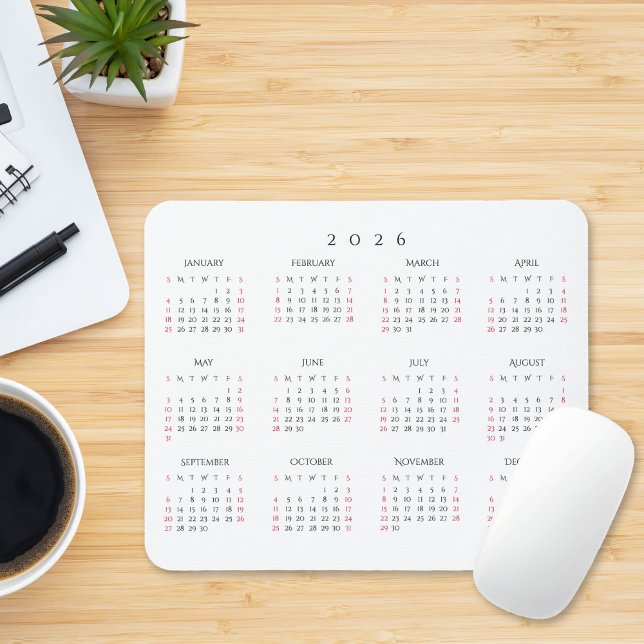 Einfacher Home-Office-Jahreskalender 2026 Mousepad (Simple Home Office 2026 Full Year Yearly Calendar Mouse Pad)