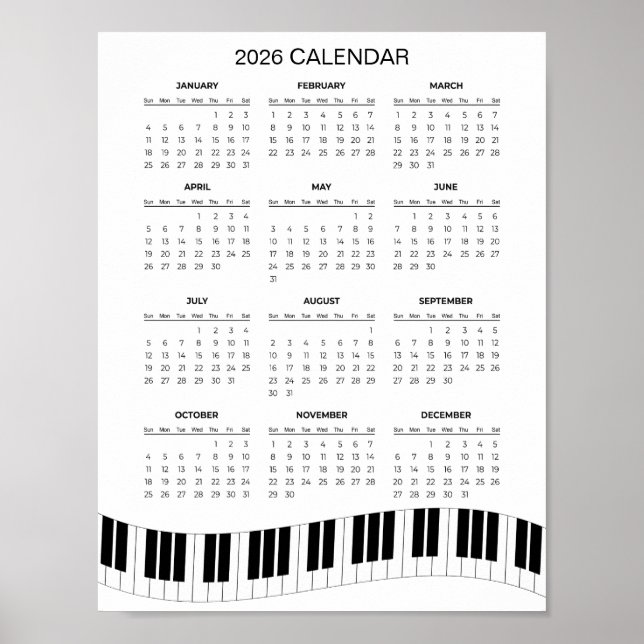 Einfacher Kalender 2026 mit Klaviertasten |  Poster (Vorne)