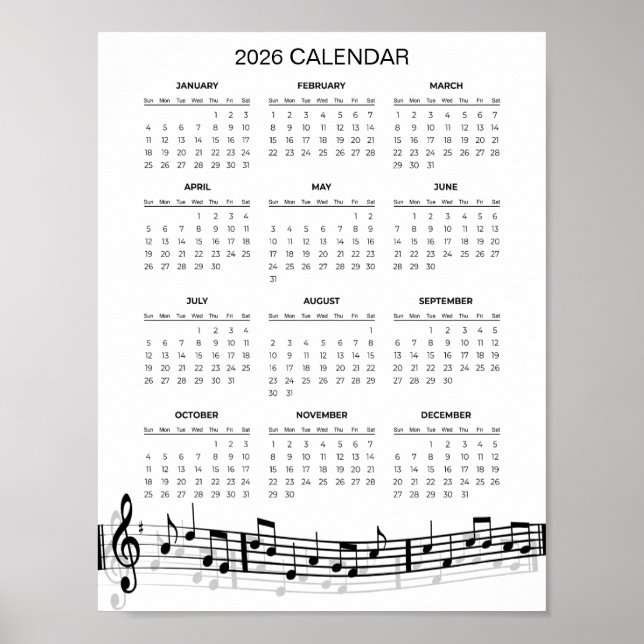 Einfacher Kalender 2026 mit Noten |  Poster (Vorne)