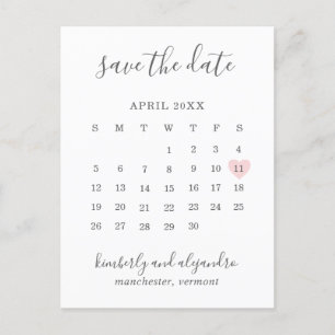 Einfacher Kalender Pastellrosa Herz Save-the-Date- Ankündigungspostkarte