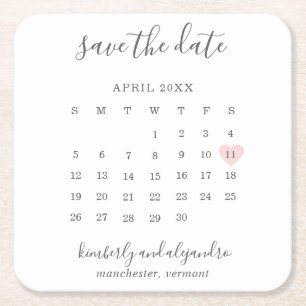 Einfacher Kalender Pastellrosa Herz Save-the-Date Rechteckiger Pappuntersetzer