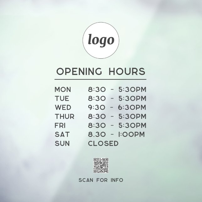 Einfacher Logo-Text-QR-Code Geschäft Öffnungszeite Fensteraufkleber (Simple logo with custom text business branding promotional QR code store shop office opening hours)