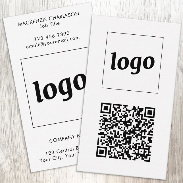 Einfacher Logo-Text-QR-Code im vertikalen Format Visitenkarte (Simple logo with custom text and QR code business branding promotional vertical business cards)