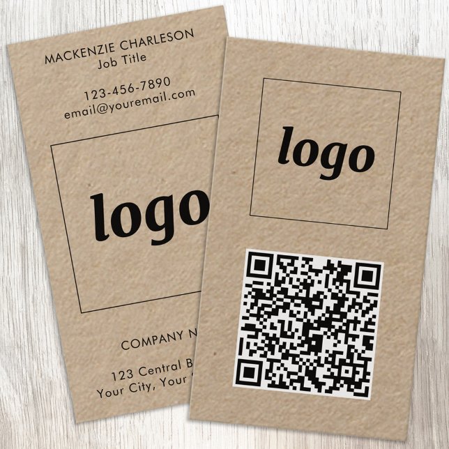 Einfacher Logo-Text-QR-Code im vertikalen Format Visitenkarte (Simple logo with custom text and QR code business branding promotional Kraft business cards)
