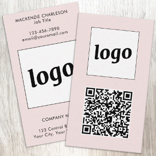 Einfacher Logo-Text-QR-Code Vertikal Blush-Pink Visitenkarte